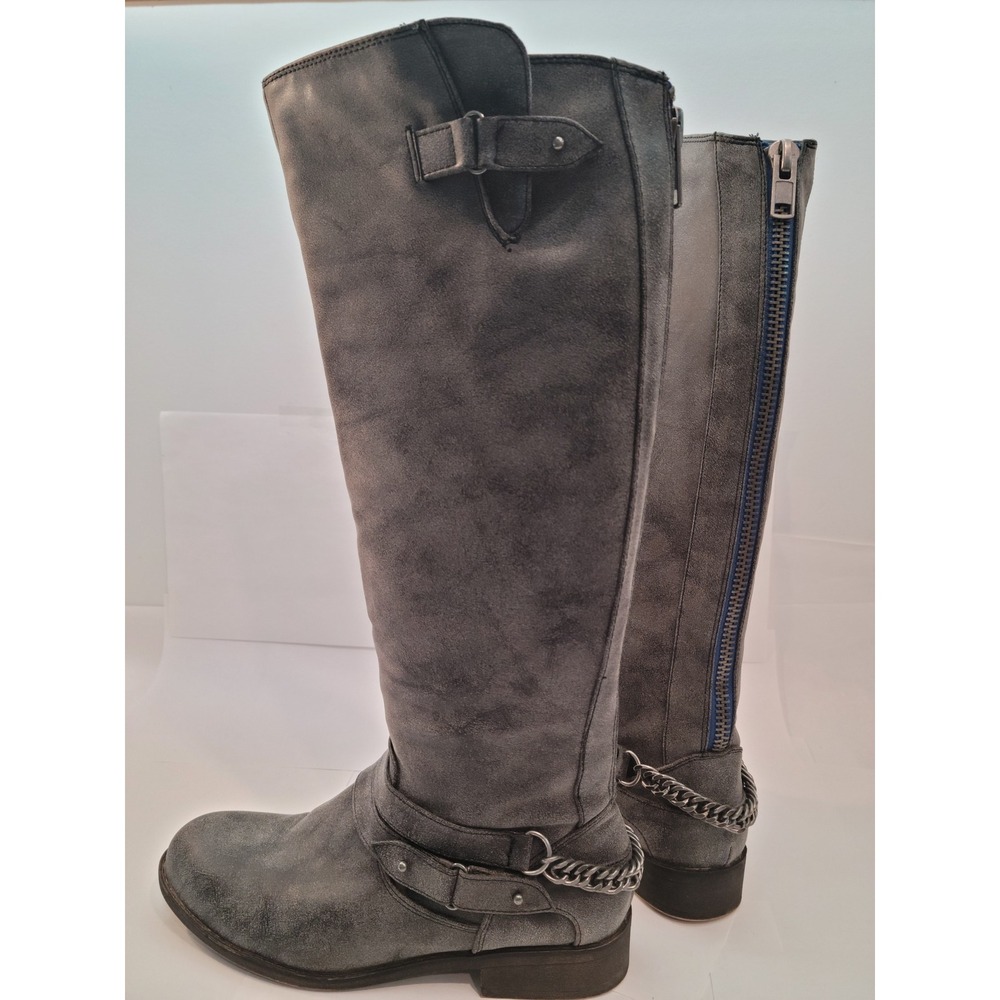 Madden Girl Caanyon Boots Womens Sz 8.5 Gray Distressed Moto Chain Zip Knee High